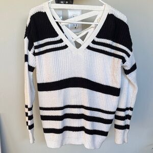 Revolution Striped V-Neck Sweater in Black and Cream